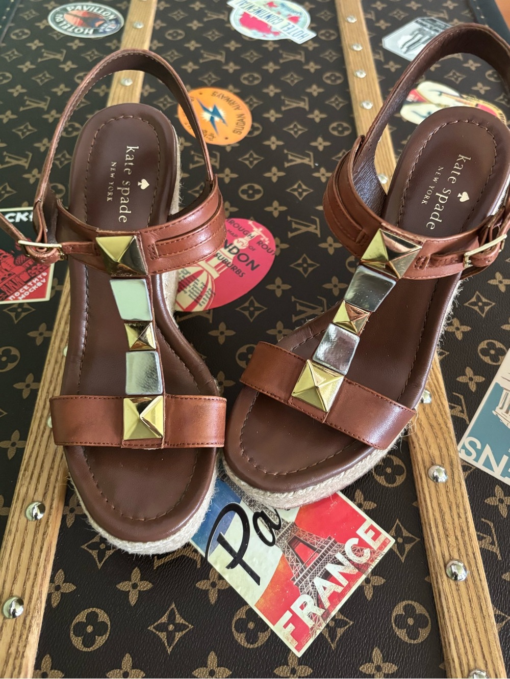Kate Spade Studded Espadrille Platform Wedge Sandals Women Size 7 Brown Lux - Picture 5 of 9